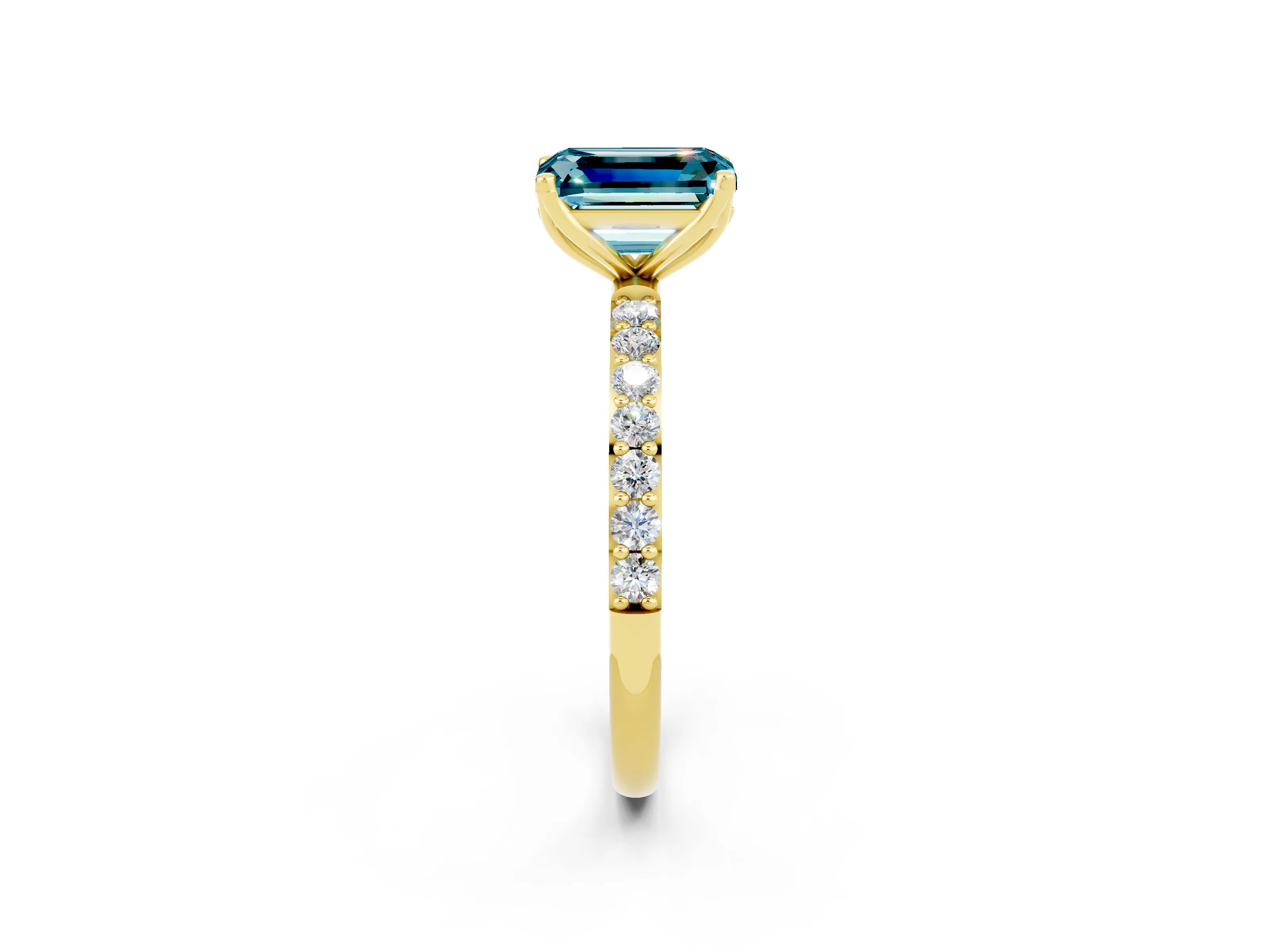Yellow gold Emerald Cut Blue Topaz Solitaire Engagement Ring with Pavé Band and Prong Setting_2