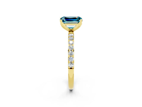 Yellow gold Emerald Cut Blue Topaz Solitaire Engagement Ring with Pavé Band and Prong Setting_2