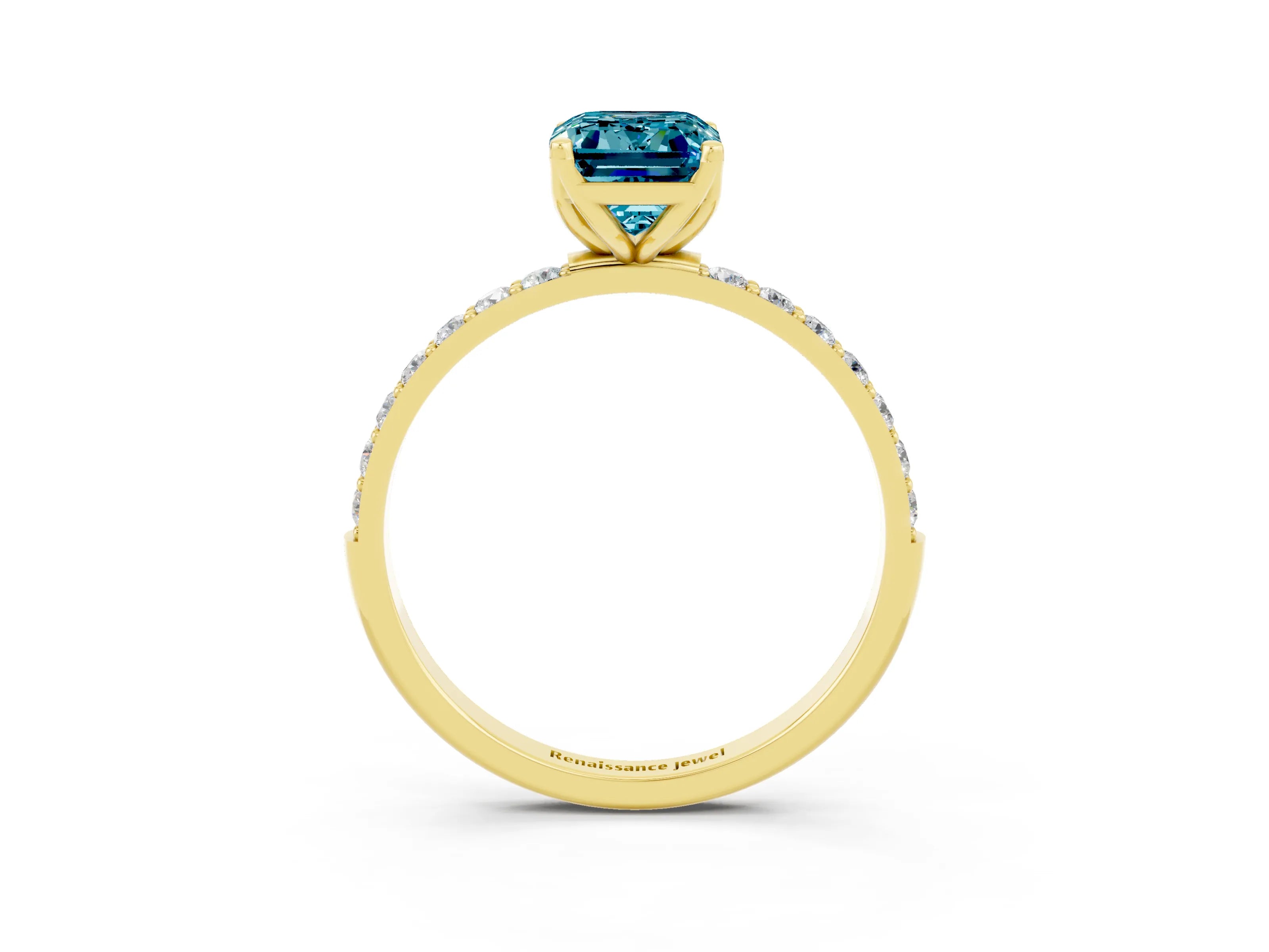 Yellow gold Emerald Cut Blue Topaz Solitaire Engagement Ring with Pavé Band and Prong Setting_3
