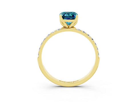 Yellow gold Emerald Cut Blue Topaz Solitaire Engagement Ring with Pavé Band and Prong Setting_3