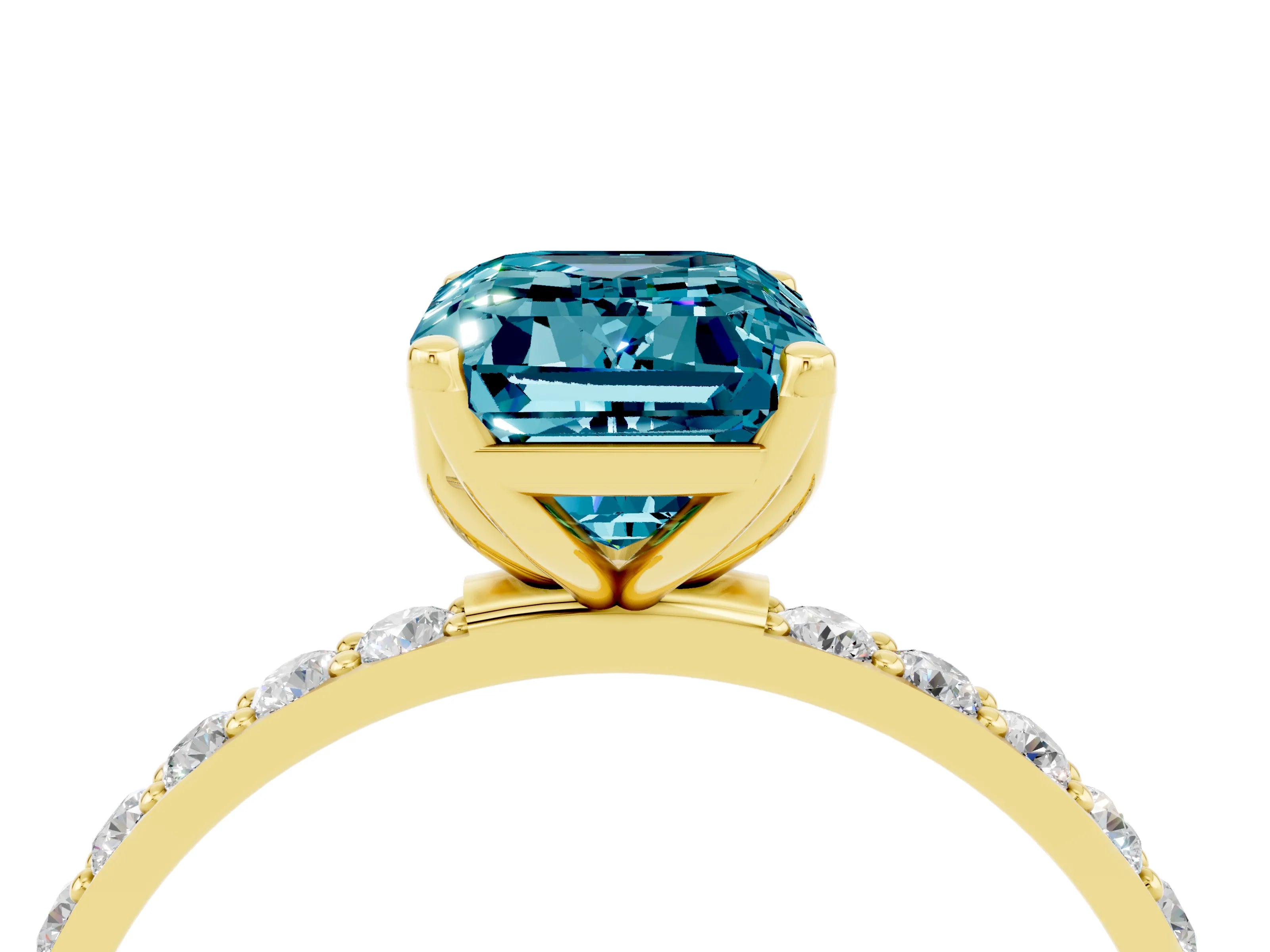Yellow gold Emerald Cut Blue Topaz Solitaire Engagement Ring with Pavé Band and Prong Setting_4