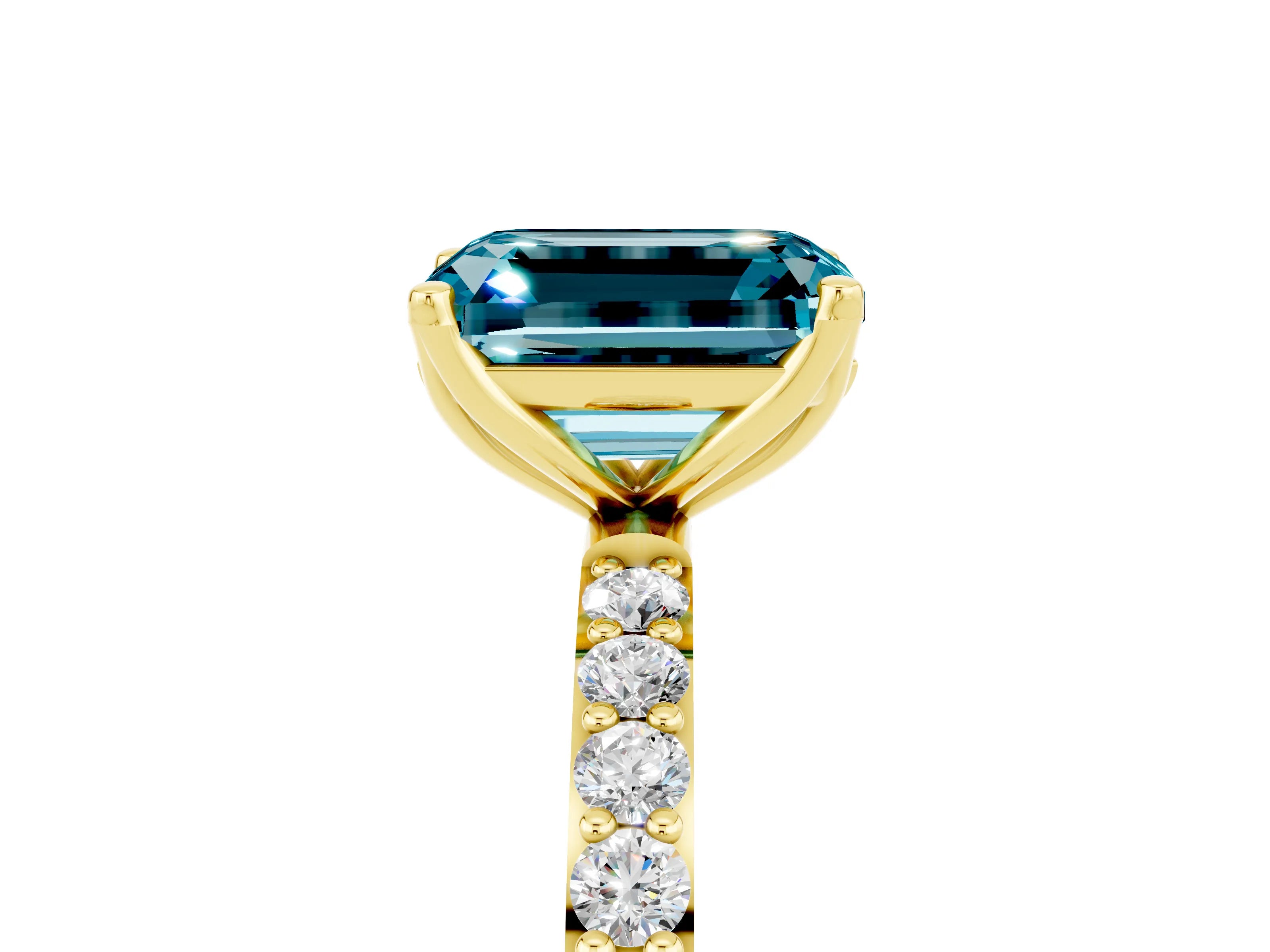 Yellow gold Emerald Cut Blue Topaz Solitaire Engagement Ring with Pavé Band and Prong Setting_5