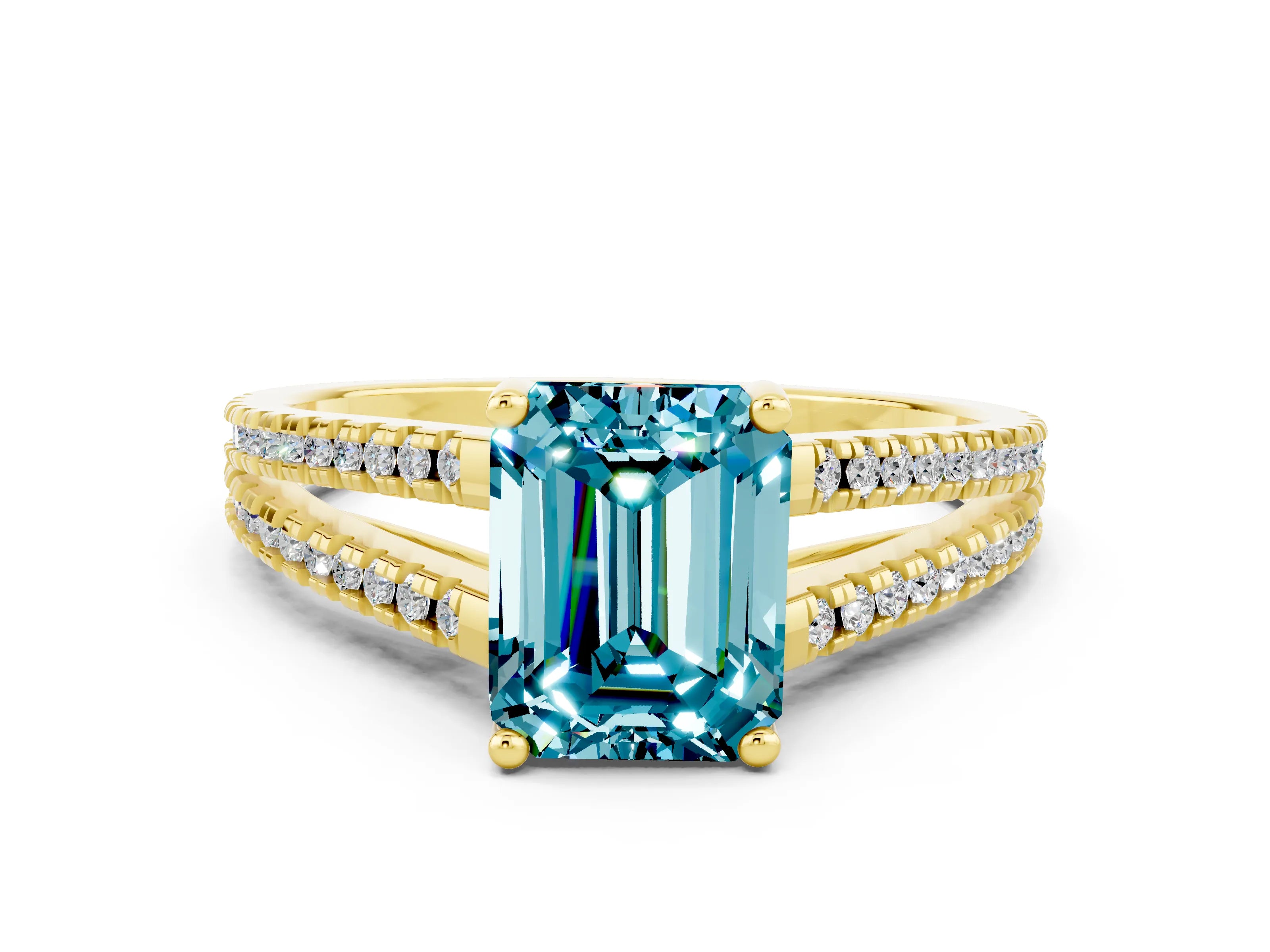 Yellow gold Emerald Cut Blue Topaz Solitaire Engagement Ring with Split Shank Pavé Band