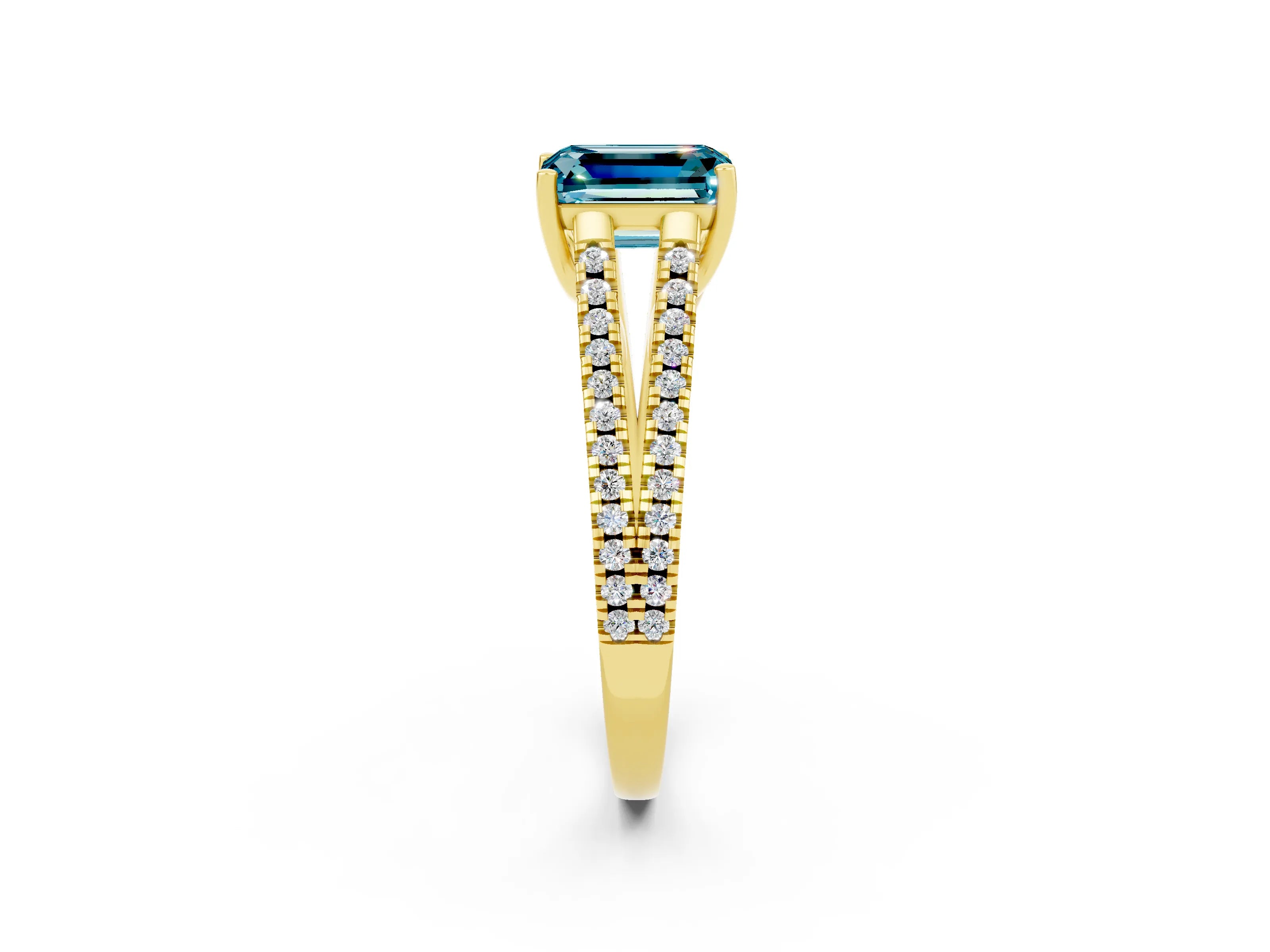 Yellow gold Emerald Cut Blue Topaz Solitaire Engagement Ring with Split Shank Pavé Band_2