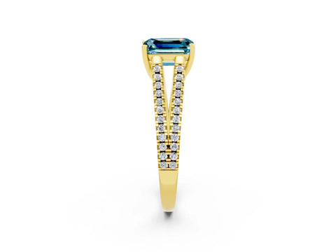 Yellow gold Emerald Cut Blue Topaz Solitaire Engagement Ring with Split Shank Pavé Band_2