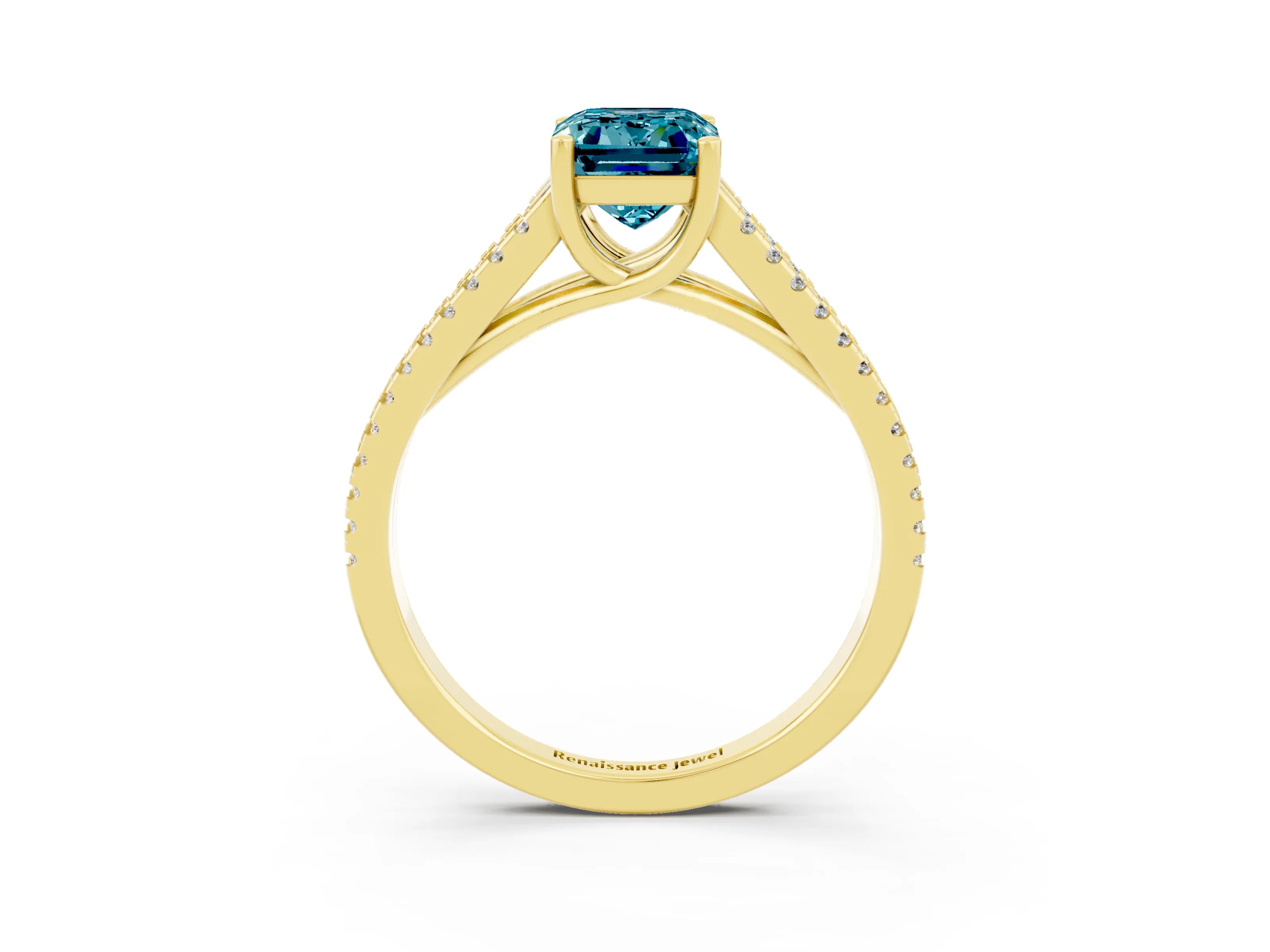 Yellow gold Emerald Cut Blue Topaz Solitaire Engagement Ring with Split Shank Pavé Band_3