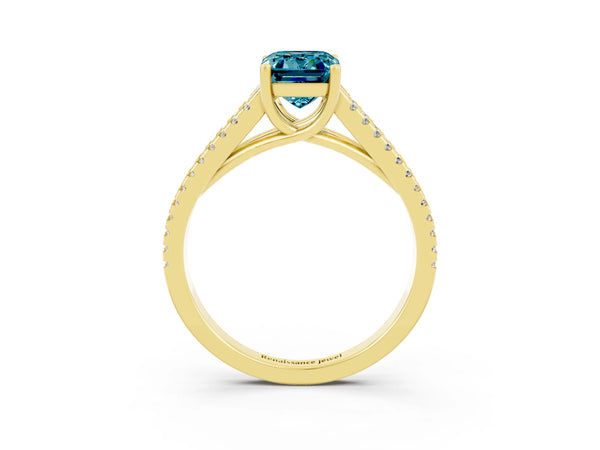 Yellow gold Emerald Cut Blue Topaz Solitaire Engagement Ring with Split Shank Pavé Band