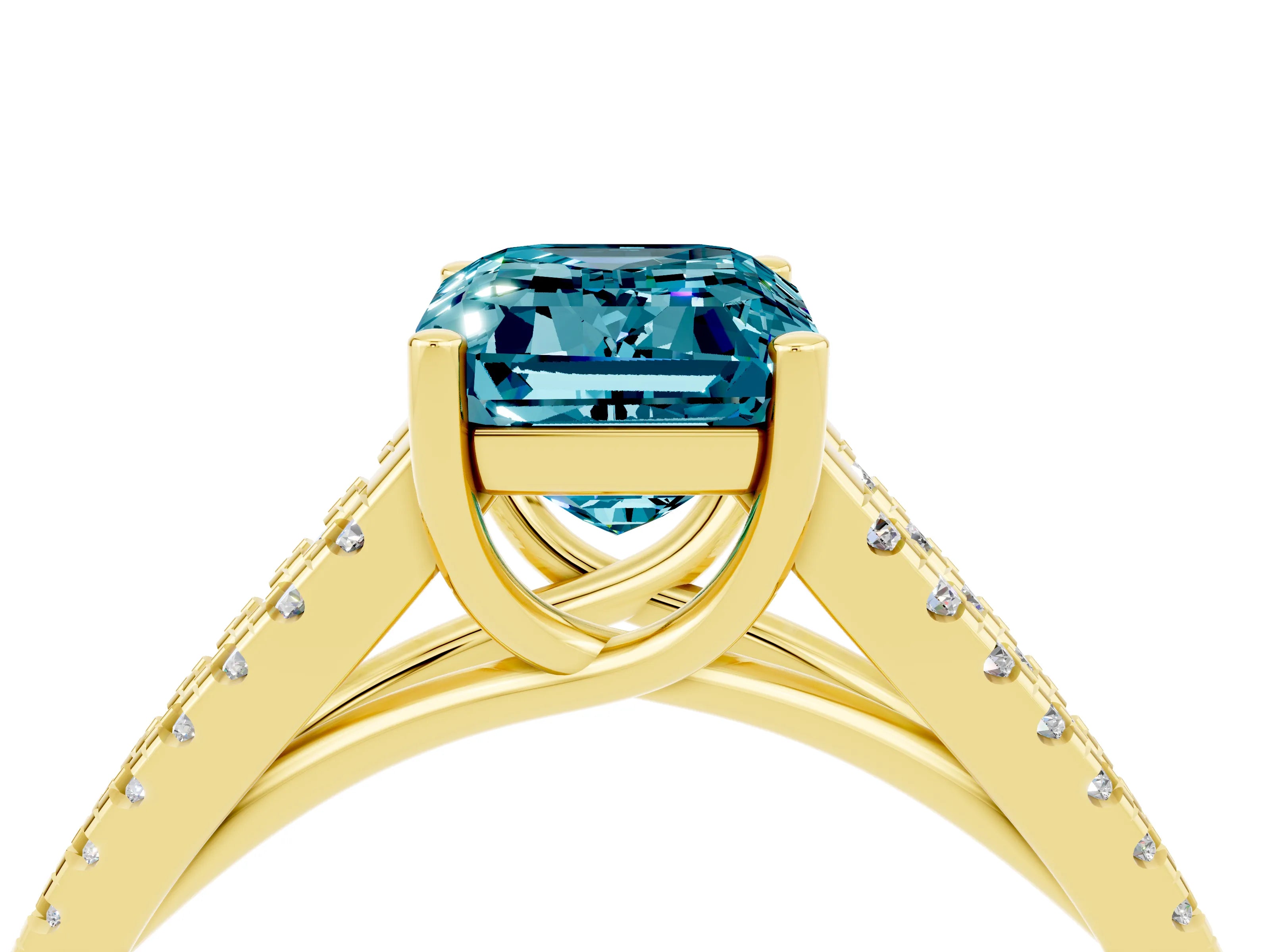 Yellow gold Emerald Cut Blue Topaz Solitaire Engagement Ring with Split Shank Pavé Band_4