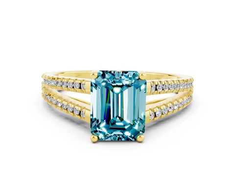 Yellow gold Emerald Cut Blue Topaz Solitaire Engagement Ring with Split Shank Pavé Band