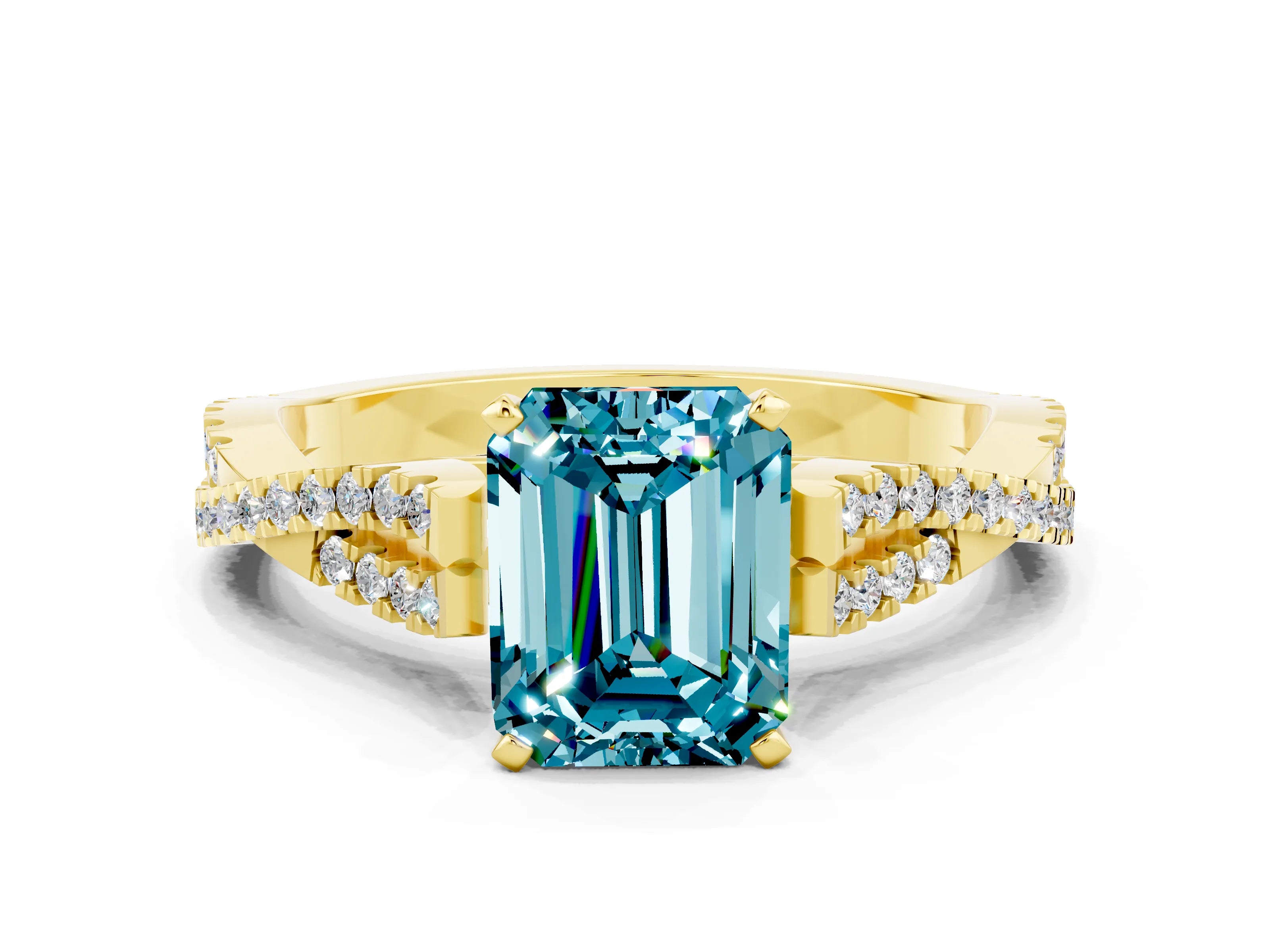 Yellow gold Emerald Cut Blue Topaz Solitaire Engagement Ring with Twisted Pavé Band and Four-Prong Setting