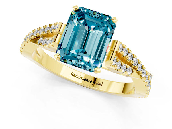 Yellow gold Emerald Cut Blue Topaz Solitaire Engagement Ring with Twisted Pavé Band and Four-Prong Setting