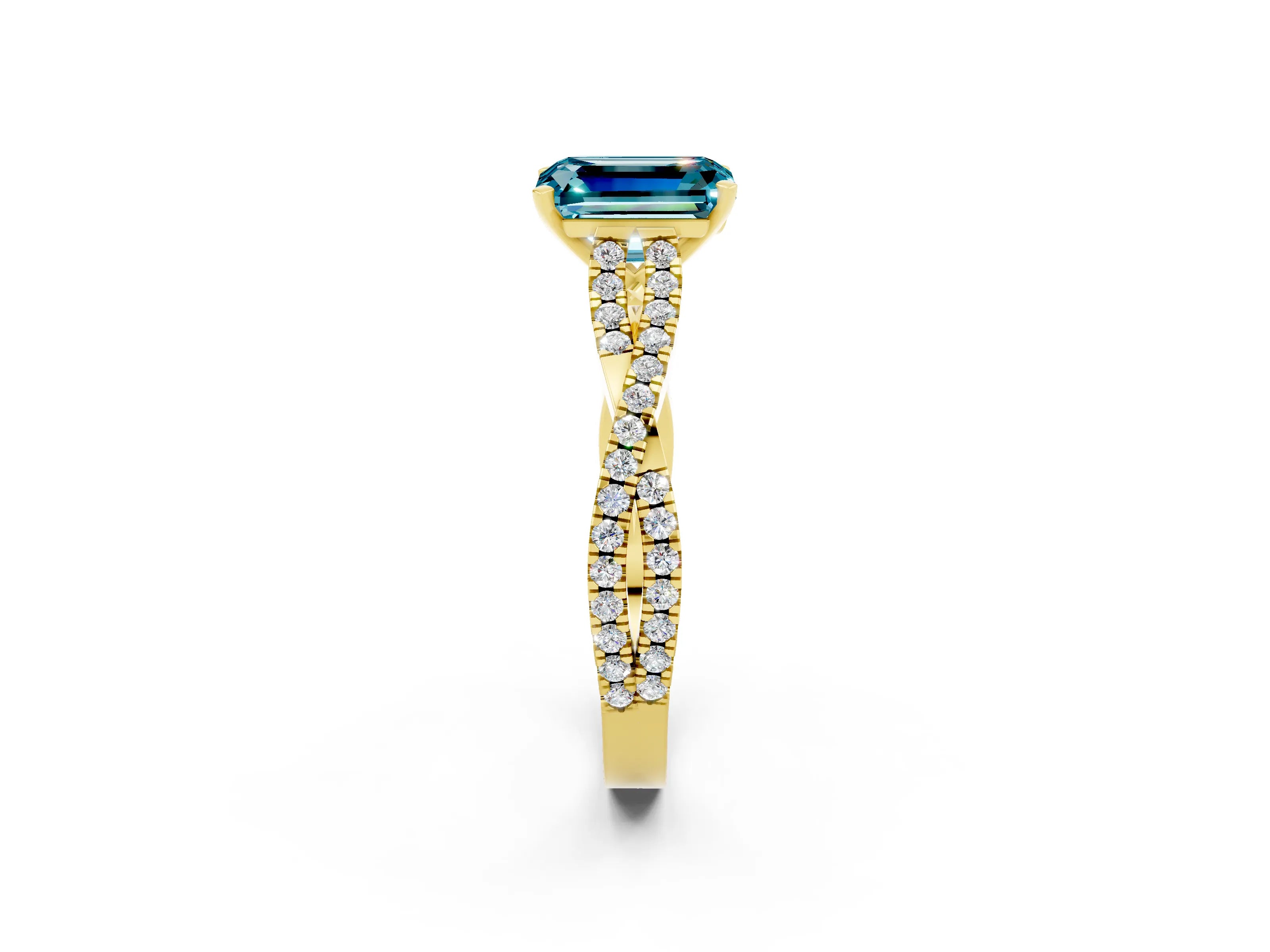 Yellow gold Emerald Cut Blue Topaz Solitaire Engagement Ring with Twisted Pavé Band and Four-Prong Setting_2