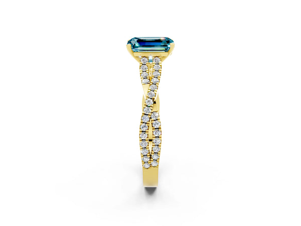 Yellow gold Emerald Cut Blue Topaz Solitaire Engagement Ring with Twisted Pavé Band and Four-Prong Setting