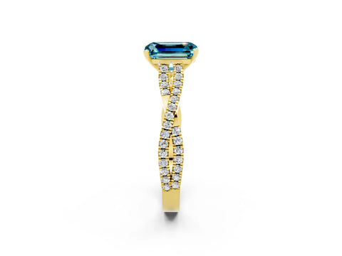 Yellow gold Emerald Cut Blue Topaz Solitaire Engagement Ring with Twisted Pavé Band and Four-Prong Setting_2