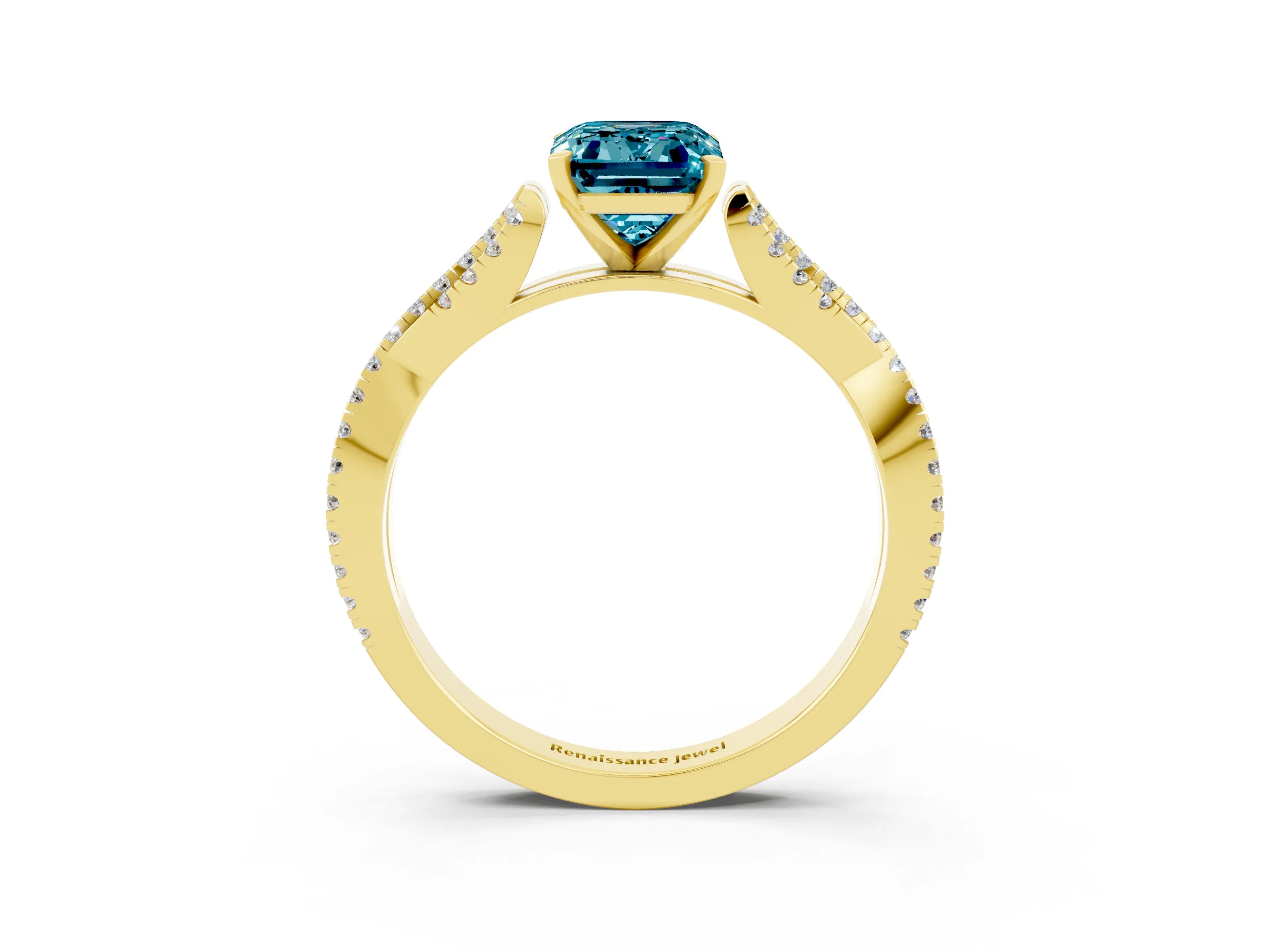 Yellow gold Emerald Cut Blue Topaz Solitaire Engagement Ring with Twisted Pavé Band and Four-Prong Setting_3