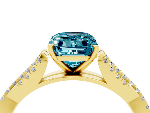 Yellow gold Emerald Cut Blue Topaz Solitaire Engagement Ring with Twisted Pavé Band and Four-Prong Setting_4