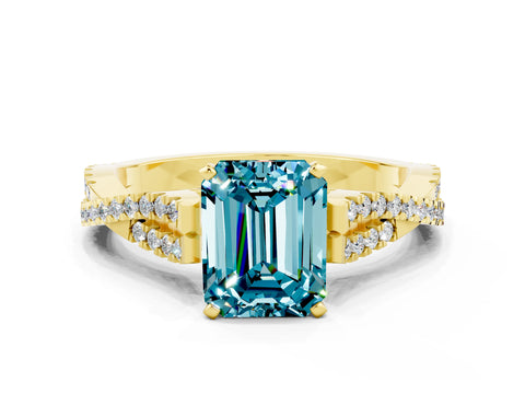 Yellow gold Emerald Cut Blue Topaz Solitaire Engagement Ring with Twisted Pavé Band and Four-Prong Setting