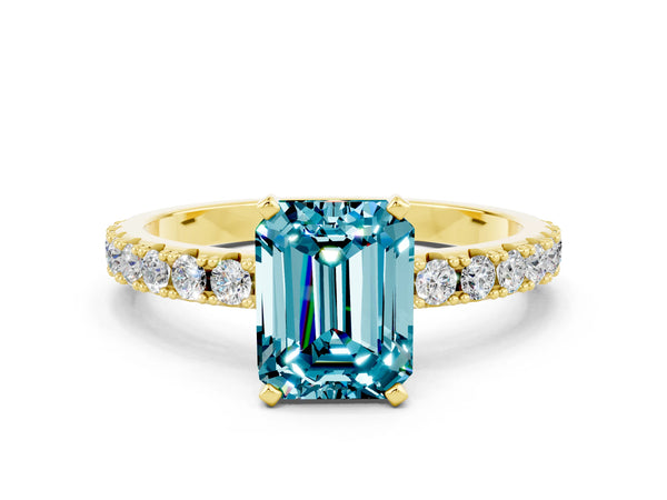 Yellow gold Emerald Cut Blue Topaz Solitaire Pavé Band with Four-Prong Setting