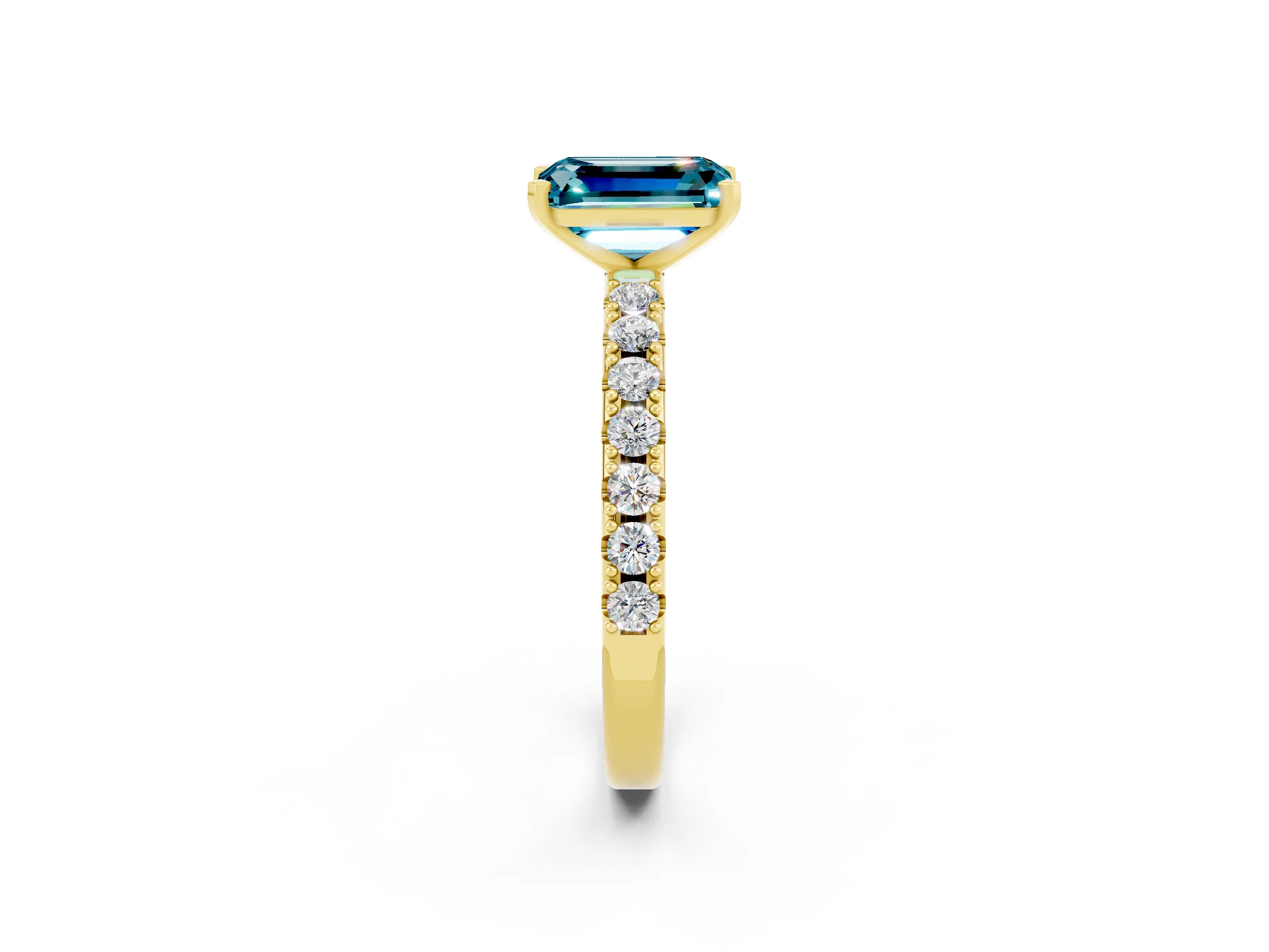 Yellow gold Emerald Cut Blue Topaz Solitaire Pavé Band with Four-Prong Setting_2