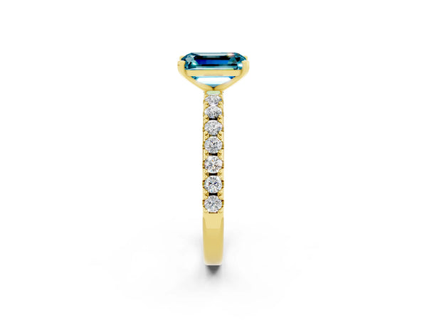 Yellow gold Emerald Cut Blue Topaz Solitaire Pavé Band with Four-Prong Setting