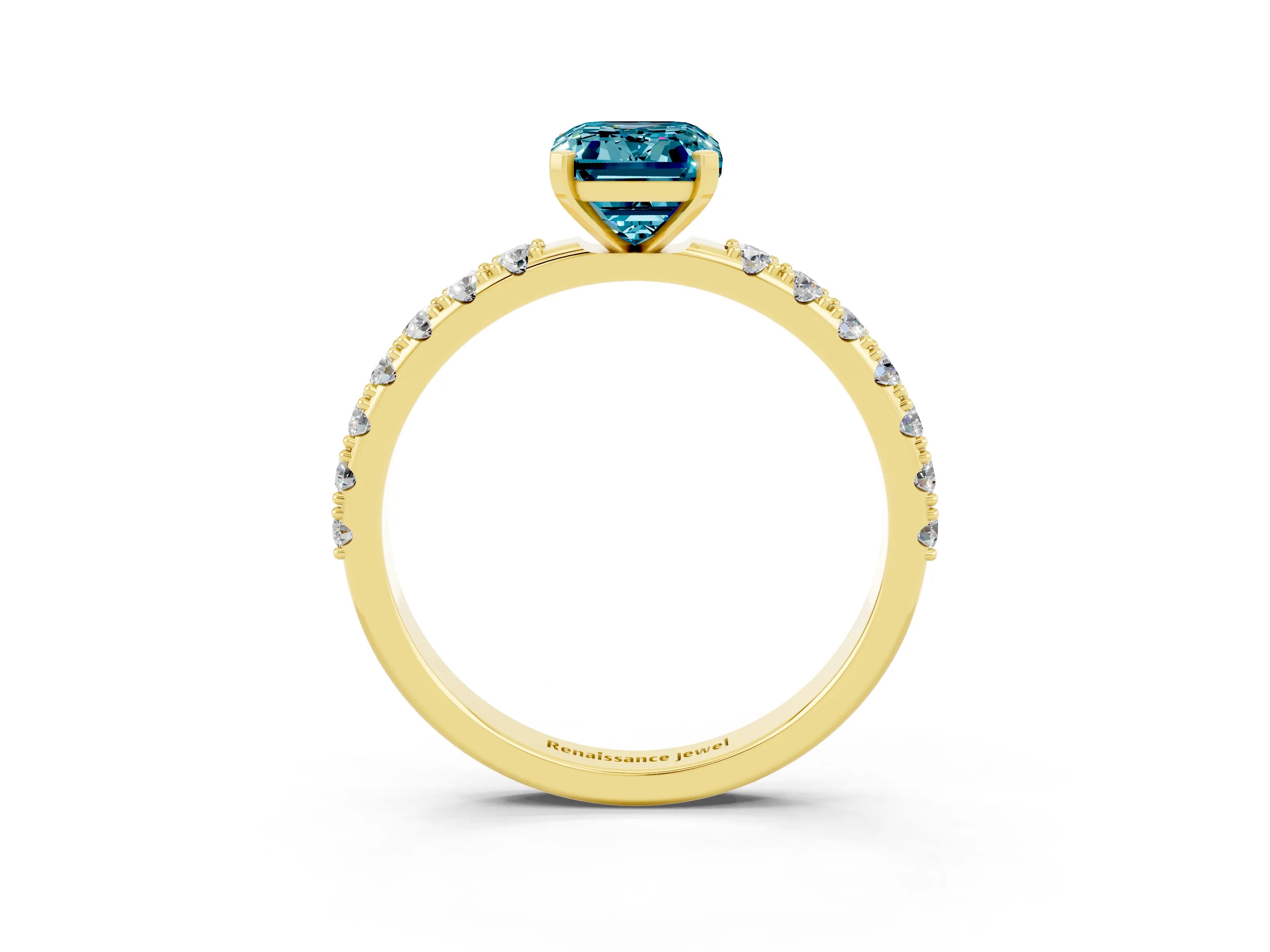 Yellow gold Emerald Cut Blue Topaz Solitaire Pavé Band with Four-Prong Setting_3