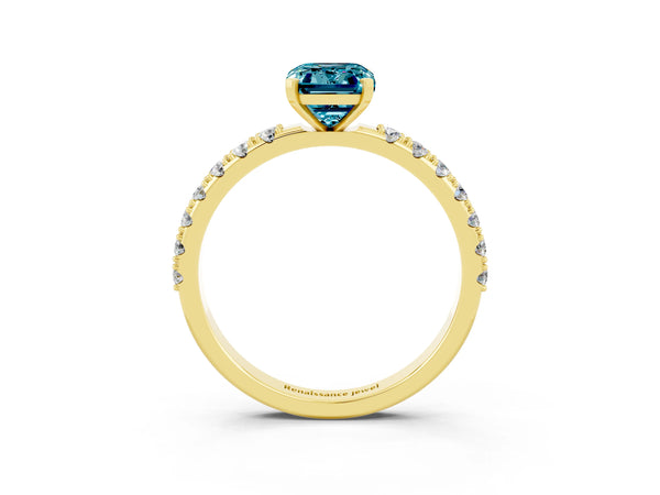 Yellow gold Emerald Cut Blue Topaz Solitaire Pavé Band with Four-Prong Setting