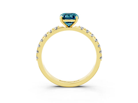 Yellow gold Emerald Cut Blue Topaz Solitaire Pavé Band with Four-Prong Setting_3