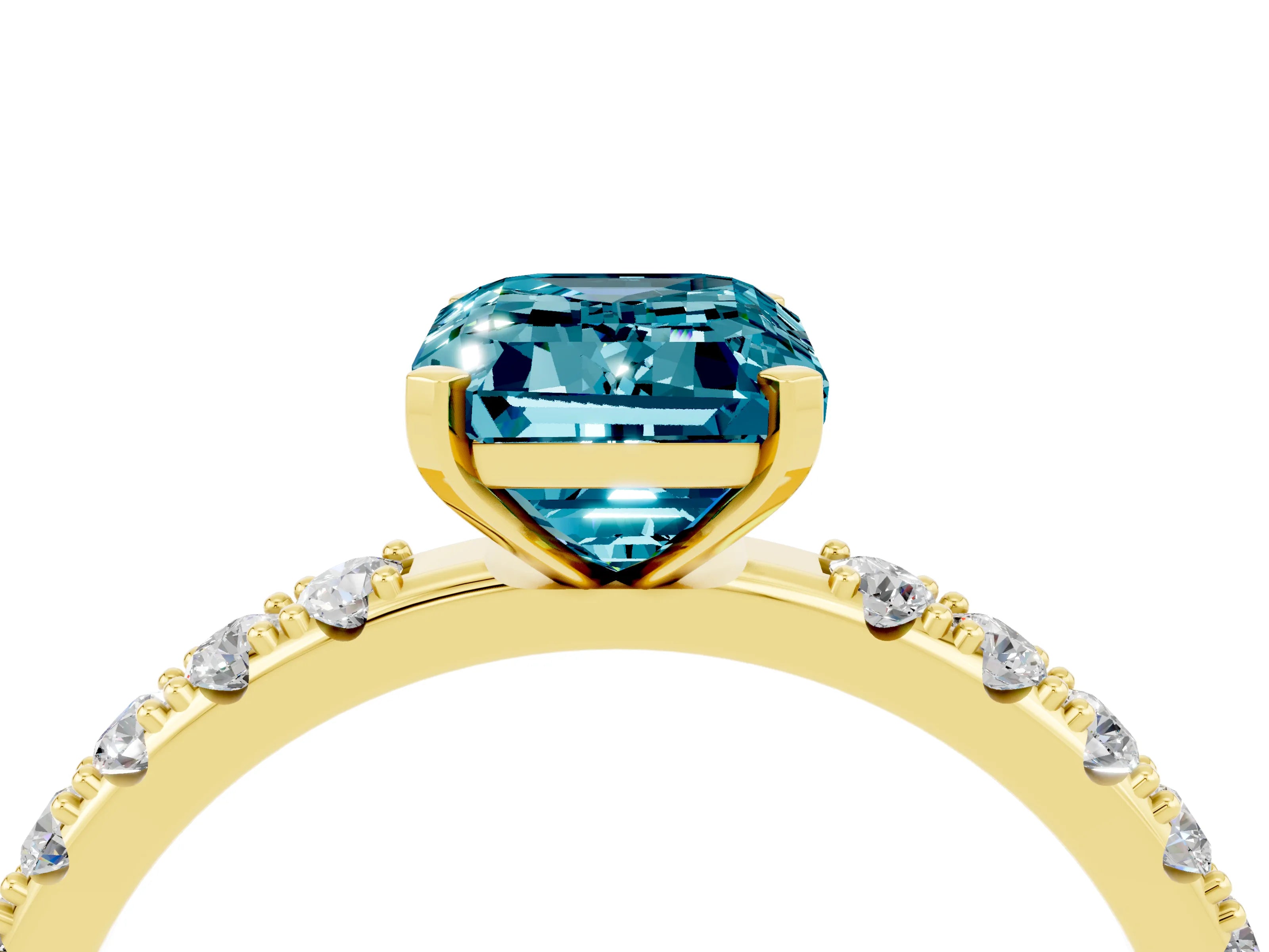 Yellow gold Emerald Cut Blue Topaz Solitaire Pavé Band with Four-Prong Setting_4
