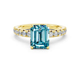 Yellow gold Emerald Cut Blue Topaz Solitaire Pavé Engagement Ring with Round Band and Prong Setting_12