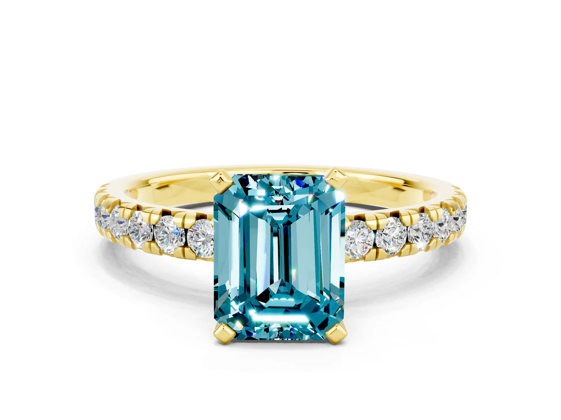 Yellow gold Emerald Cut Blue Topaz Solitaire Pavé Engagement Ring with Round Band and Prong Setting_66