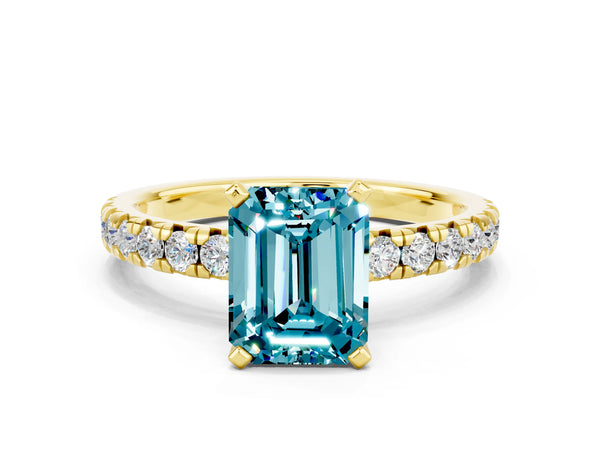 Yellow gold Emerald Cut Blue Topaz Solitaire Pavé Engagement Ring with Round Band and Prong Setting