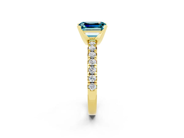 Yellow gold Emerald Cut Blue Topaz Solitaire Pavé Engagement Ring with Round Band and Prong Setting