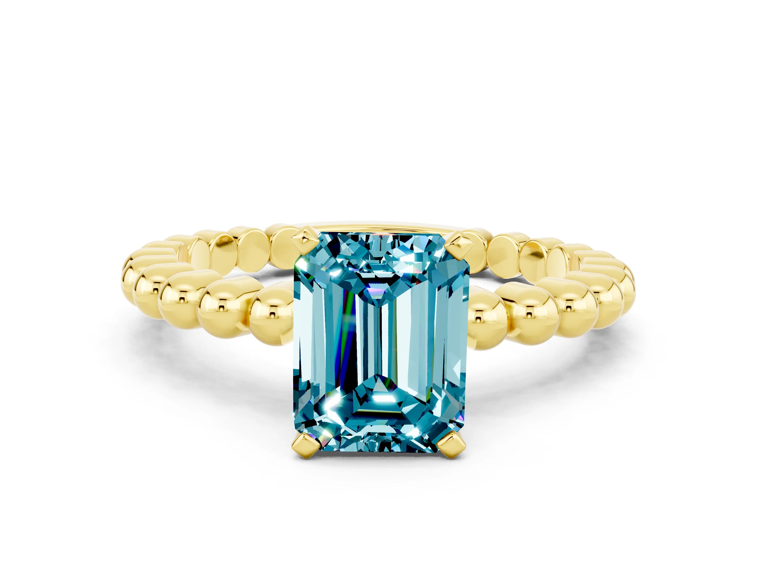Yellow gold Emerald Cut Blue Topaz Solitaire Ring with Beaded Band and Prong Setting