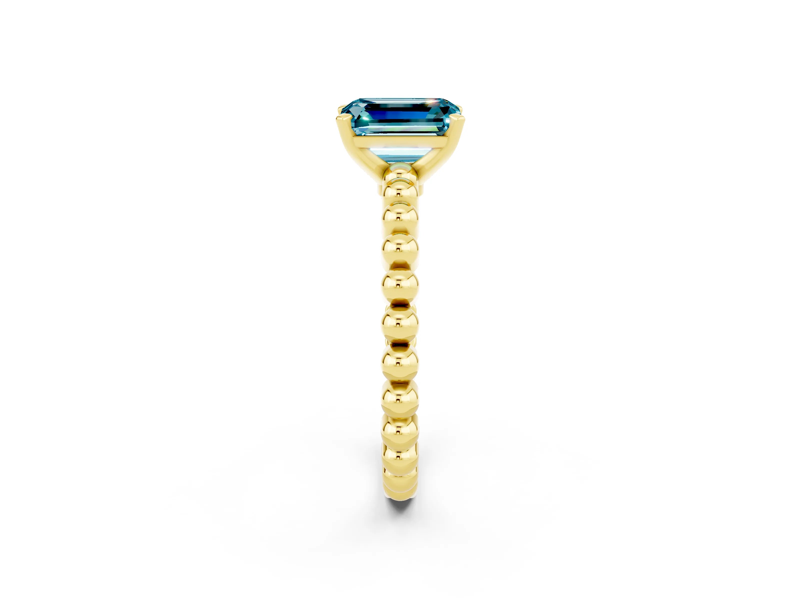 Yellow gold Emerald Cut Blue Topaz Solitaire Ring with Beaded Band and Prong Setting_2
