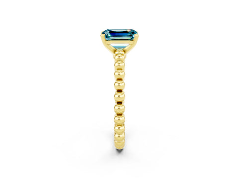 Yellow gold Emerald Cut Blue Topaz Solitaire Ring with Beaded Band and Prong Setting_2