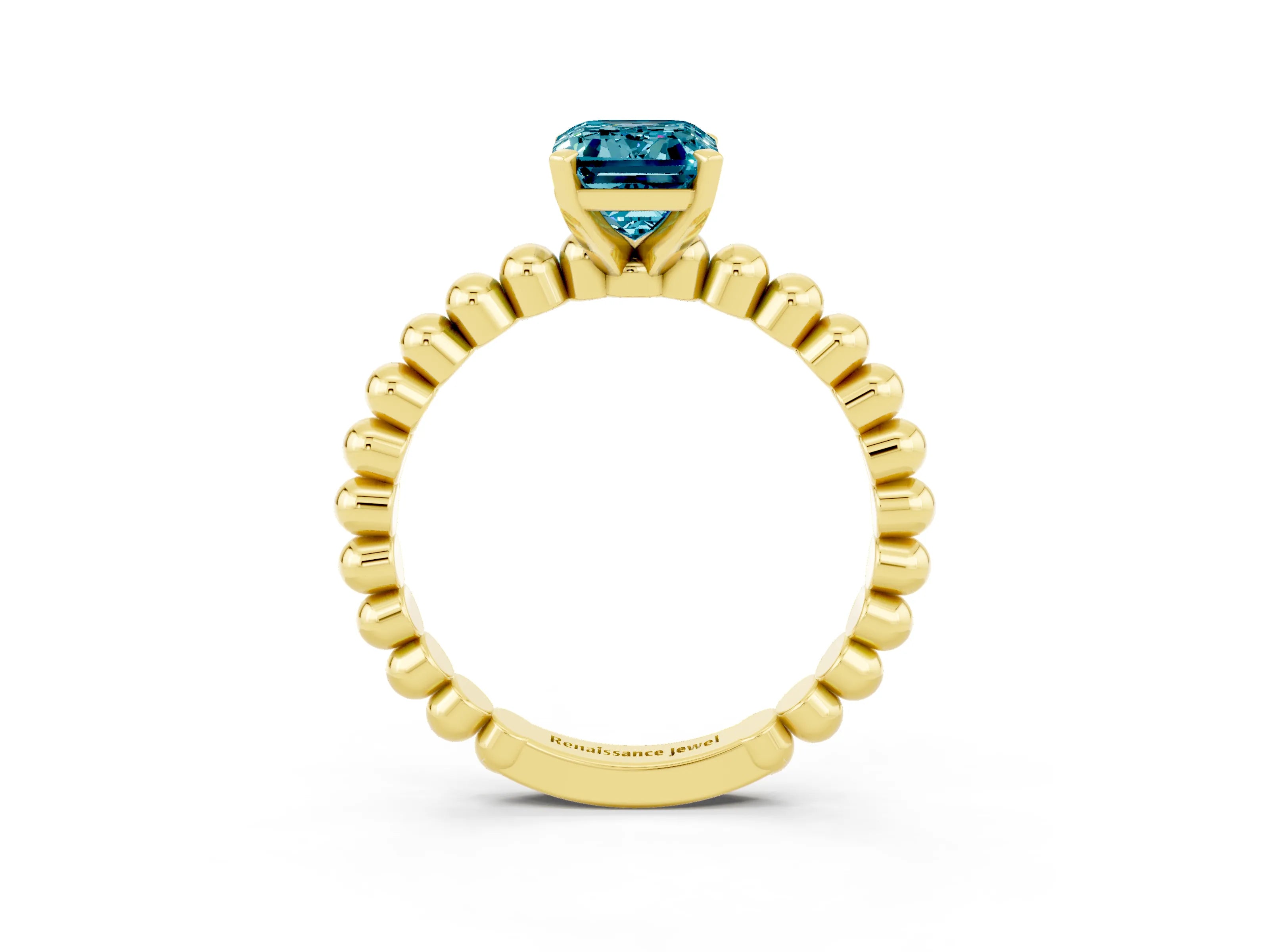 Yellow gold Emerald Cut Blue Topaz Solitaire Ring with Beaded Band and Prong Setting_3