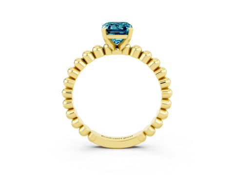 Yellow gold Emerald Cut Blue Topaz Solitaire Ring with Beaded Band and Prong Setting_3