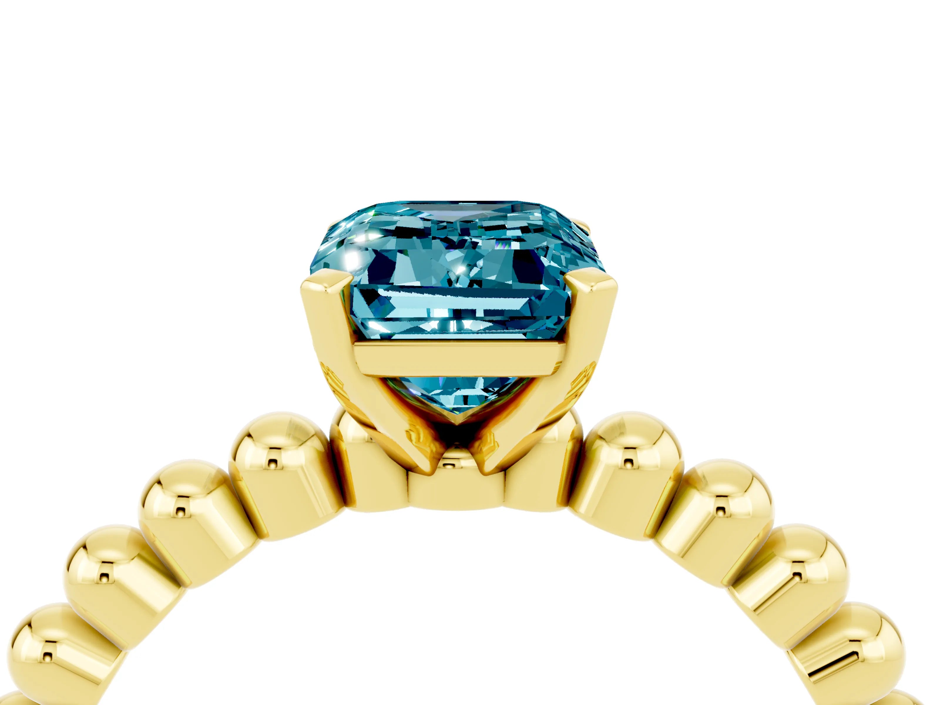 Yellow gold Emerald Cut Blue Topaz Solitaire Ring with Beaded Band and Prong Setting_4
