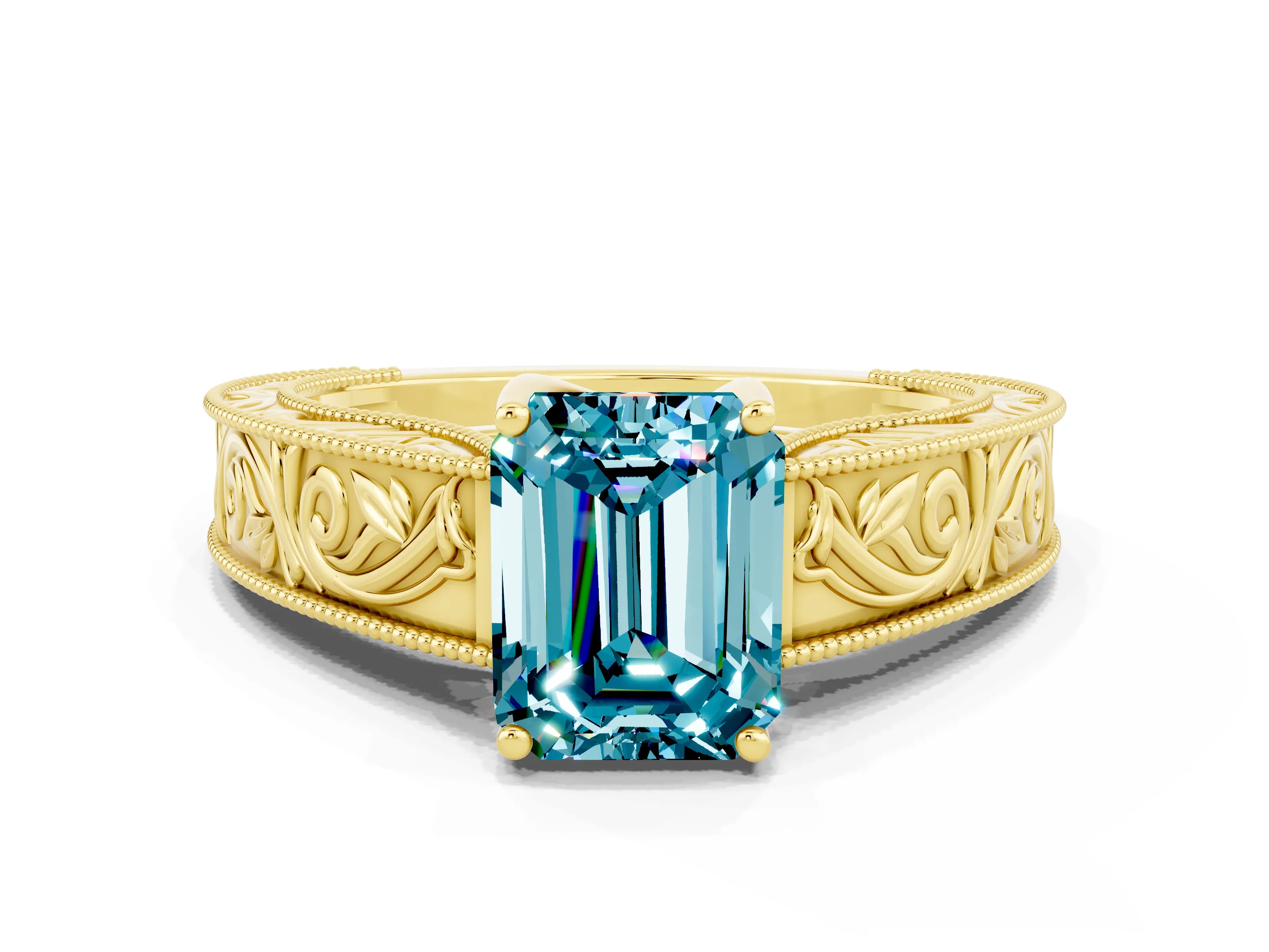 Yellow gold Emerald Cut Blue Topaz Solitaire Ring with Engraved Band and Four-Prong Setting