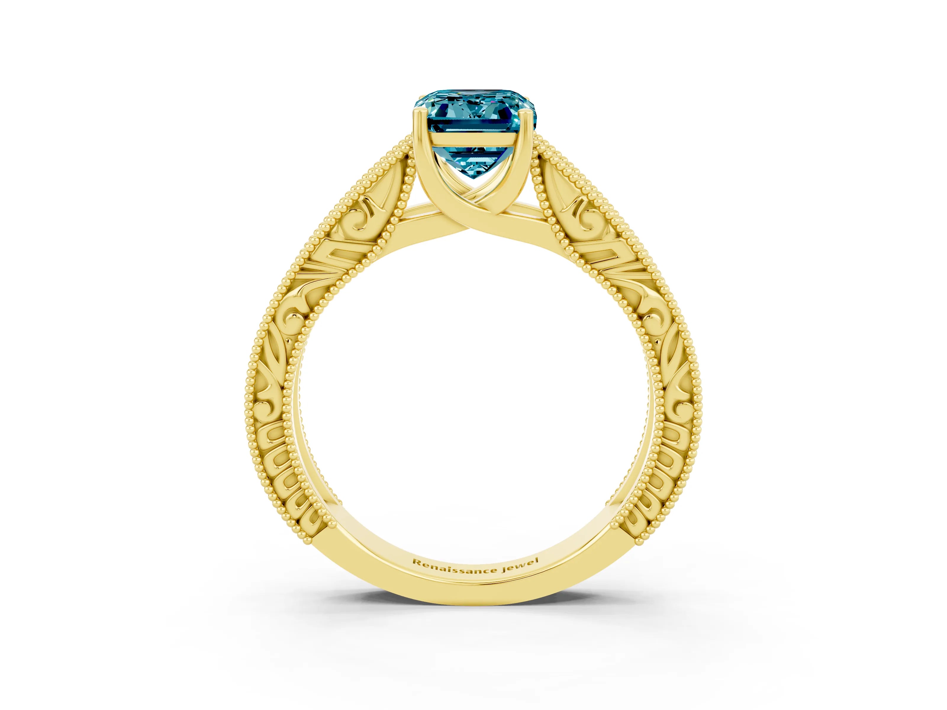 Yellow gold Emerald Cut Blue Topaz Solitaire Ring with Engraved Band and Four-Prong Setting_3