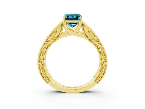 Yellow gold Emerald Cut Blue Topaz Solitaire Ring with Engraved Band and Four-Prong Setting_3