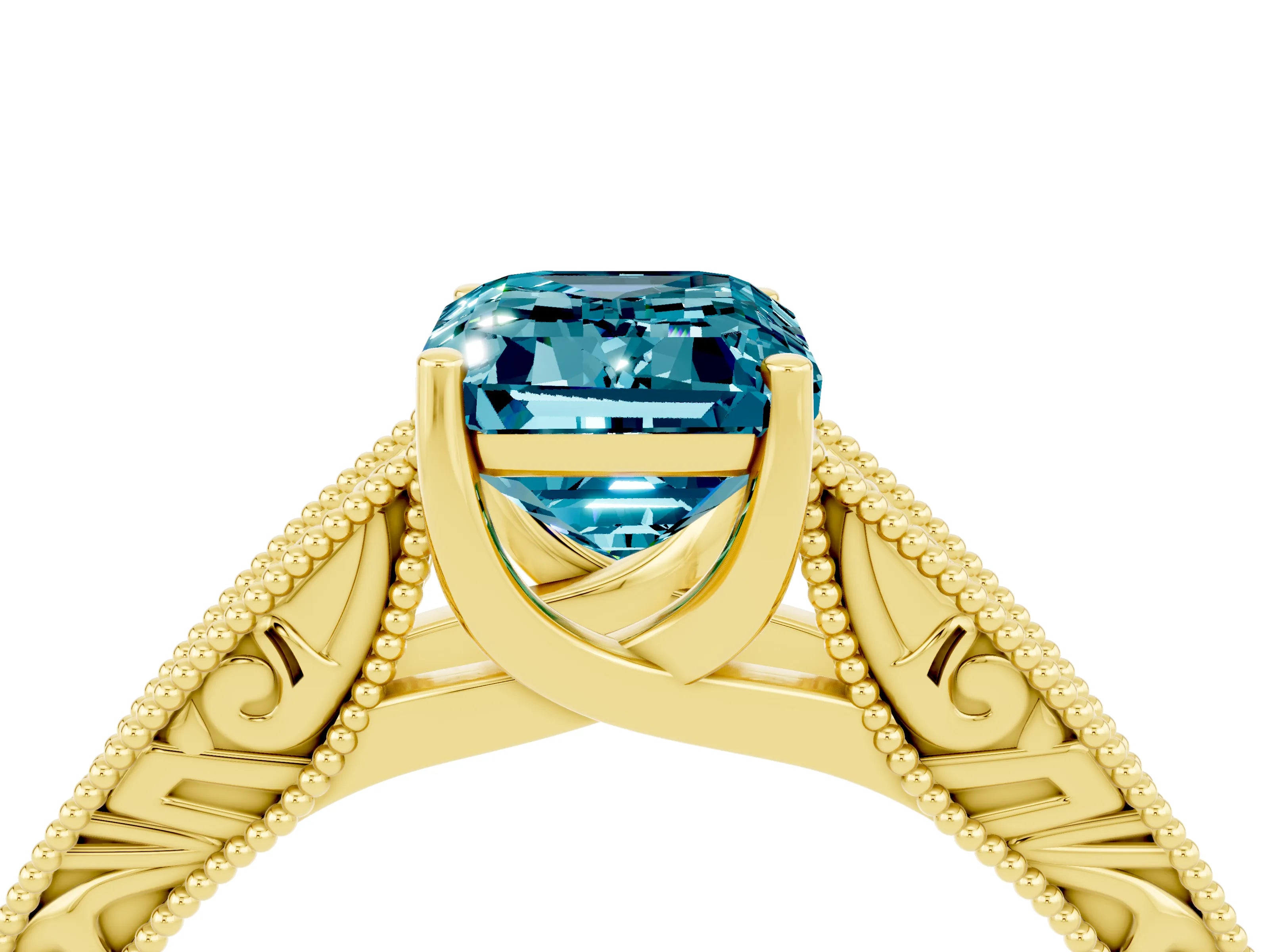 Yellow gold Emerald Cut Blue Topaz Solitaire Ring with Engraved Band and Four-Prong Setting_4
