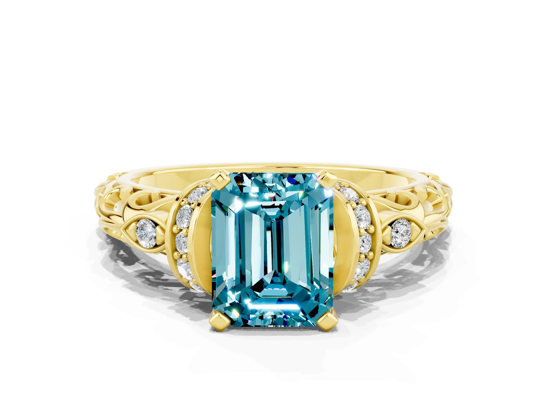 Yellow gold Emerald Cut Blue Topaz Solitaire Ring with Filigree Band and Four-Prong Setting_24