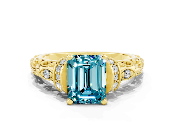 Yellow gold Emerald Cut Blue Topaz Solitaire Ring with Filigree Band and Four-Prong Setting