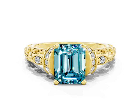 Yellow gold Emerald Cut Blue Topaz Solitaire Ring with Filigree Band and Four-Prong Setting_24