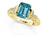Yellow gold Emerald Cut Blue Topaz Solitaire Ring with Filigree Band and Four-Prong Setting_25
