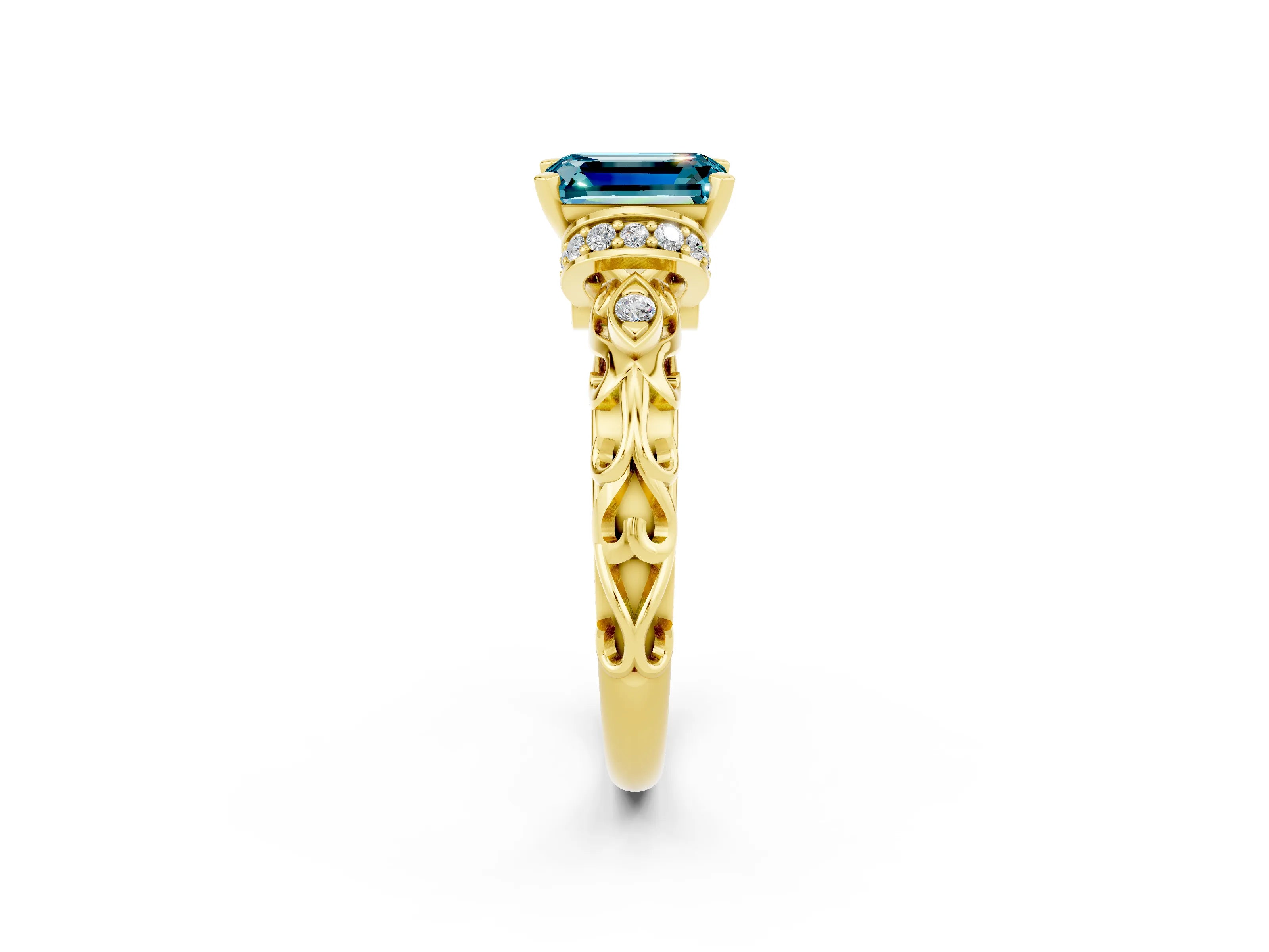 Yellow gold Emerald Cut Blue Topaz Solitaire Ring with Filigree Band and Four-Prong Setting_26