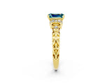 Yellow gold Emerald Cut Blue Topaz Solitaire Ring with Filigree Band and Four-Prong Setting_26