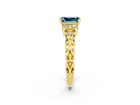 Yellow gold Emerald Cut Blue Topaz Solitaire Ring with Filigree Band and Four-Prong Setting_26