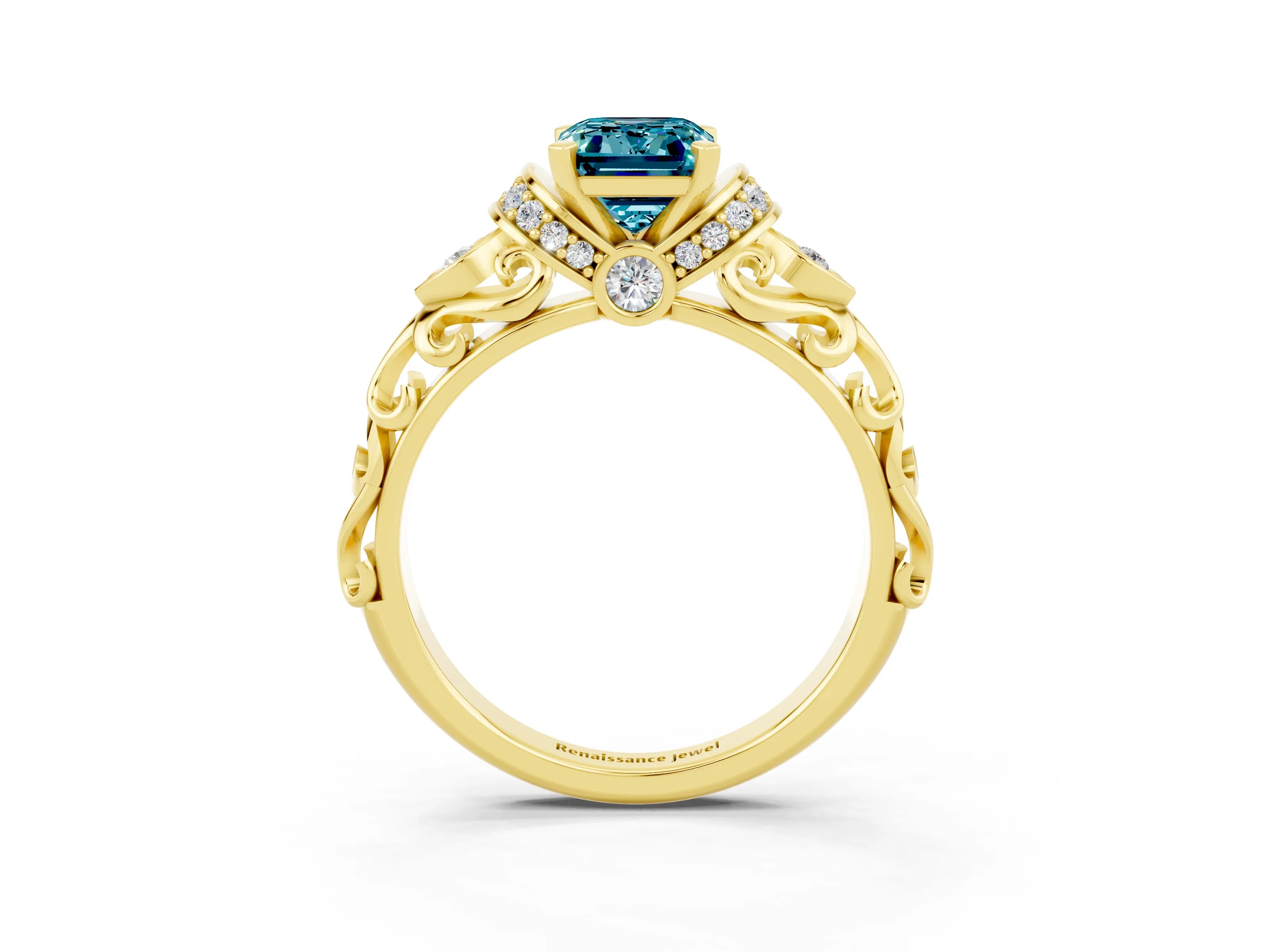 Yellow gold Emerald Cut Blue Topaz Solitaire Ring with Filigree Band and Four-Prong Setting_27